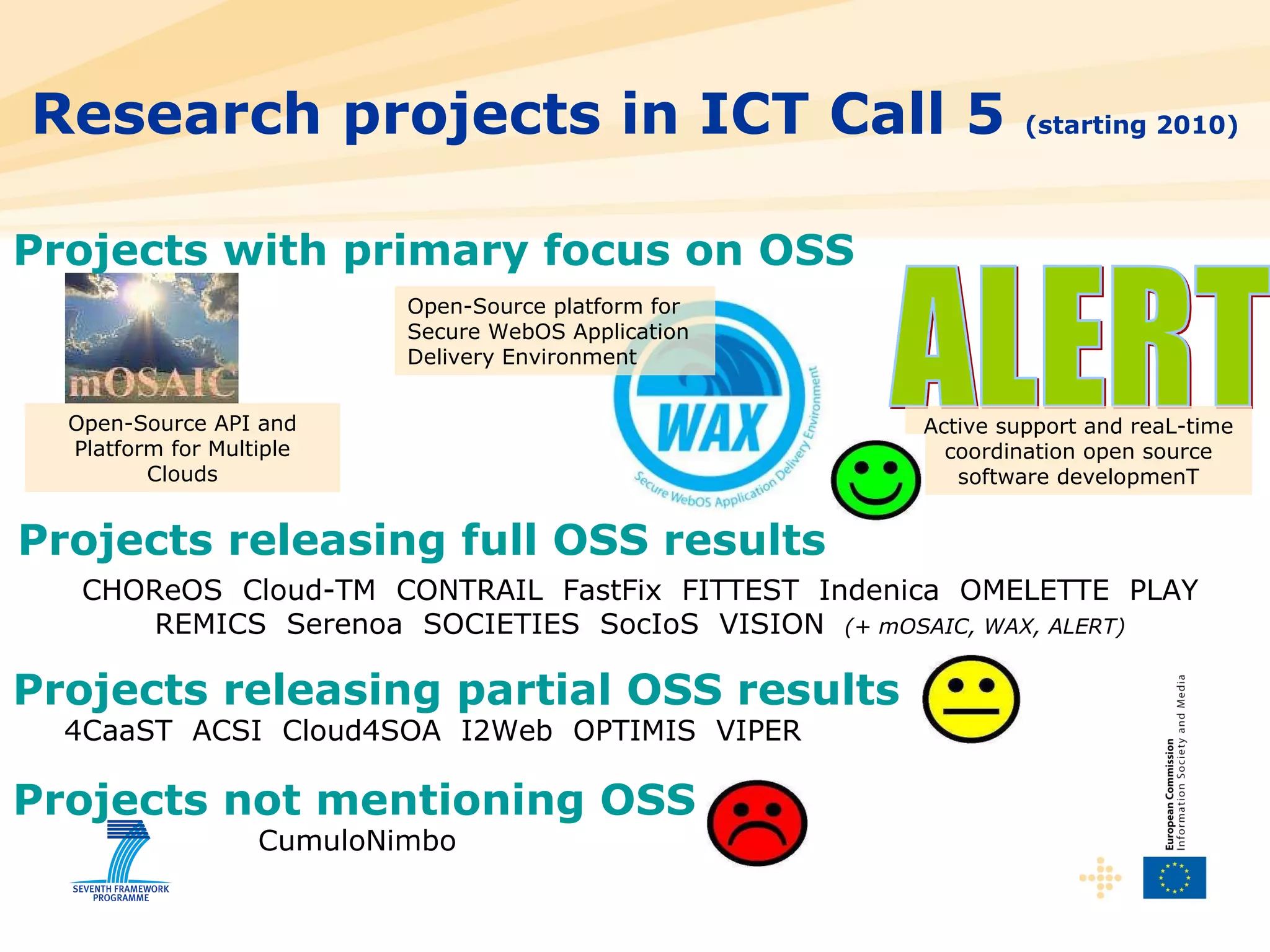 Research projects in ICT Call 5  (starting 2010) ALERT Open-Source API and Platform for Multiple Clouds Active support and reaL-time coordination open source software developmenT Projects releasing full OSS results CHOReOS  Cloud-TM  CONTRAIL  FastFix  FITTEST  Indenica  OMELETTE  PLAY REMICS  Serenoa  SOCIETIES  SocIoS  VISION  (+ mOSAIC, WAX, ALERT) Projects releasing partial OSS results 4CaaST  ACSI  Cloud4SOA  I2Web  OPTIMIS  VIPER Projects not mentioning OSS CumuloNimbo Open-Source platform for Secure WebOS Application  Delivery Environment Projects with primary focus on OSS 