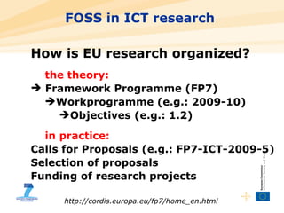 FOSS in ICT research  How is EU research organized? the theory: Framework Programme (FP7) Workprogramme (e.g.: 2009-10) Objectives (e.g.: 1.2) in practice: Calls for Proposals (e.g.: FP7-ICT-2009-5) Selection of proposals Funding of research projects  http://cordis.europa.eu/fp7/home_en.html 