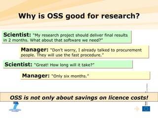 Why is OSS good for research? OSS is not only about savings on licence costs! Scientist:   “My research project should deliver final results in 2 months. What about that software we need?” Manager:   “Don’t worry, I already talked to procurement people. They will use the fast procedure.” Scientist:   “Great! How long will it take?” Manager:   “Only six months.” 