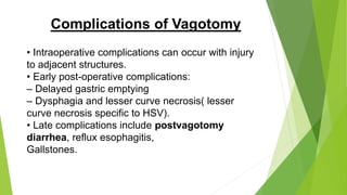 Complications of Vagotomy
• Intraoperative complications can occur with injury
to adjacent structures.
• Early post-operative complications:
– Delayed gastric emptying
– Dysphagia and lesser curve necrosis( lesser
curve necrosis specific to HSV).
• Late complications include postvagotomy
diarrhea, reflux esophagitis,
Gallstones.
 