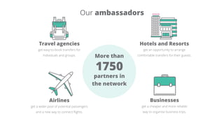 Our ambassadors
Travel agencies
get easy-to-book transfers for
individuals and groups.
Hotels and Resorts
get an opportunity to arrange
comfortable transfers for their guests.
Airlines
get a wider pool of potential passengers
and a new way to connect flights.
Businesses
get a cheaper and more reliable
way to organise business trips.
More than
1750
partners in
the network
 