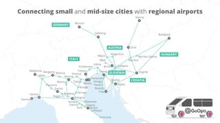 Padua
Maribor
Murska Sobota
Vienna
Trieste
Munich
Salzburg
Graz
Zagreb
Ljubljana
Bologna
Imola
Faenza
Forlì
Cesena
Ravenna
Rimini
Pesaro
Ancona
Verona
Mantua
Parma
Piacenza
Reggio E.
Genoa
BergamoMalpensa
Milan
Opatija
RijekaVenice
Treviso
Pordenone
Klagenfurt
Modena Ferrara
Rovigo
Udine
Brescia Vicenza
Budapest
Brnik
Bled
Villach
Pula
Umag
e
Rovinj
Savona
Connecting small and mid-size cities with regional airports
8
GERMANY
ITALY
CROATIA
HUNGARY
SLOVENIA
AUSTRIA
 