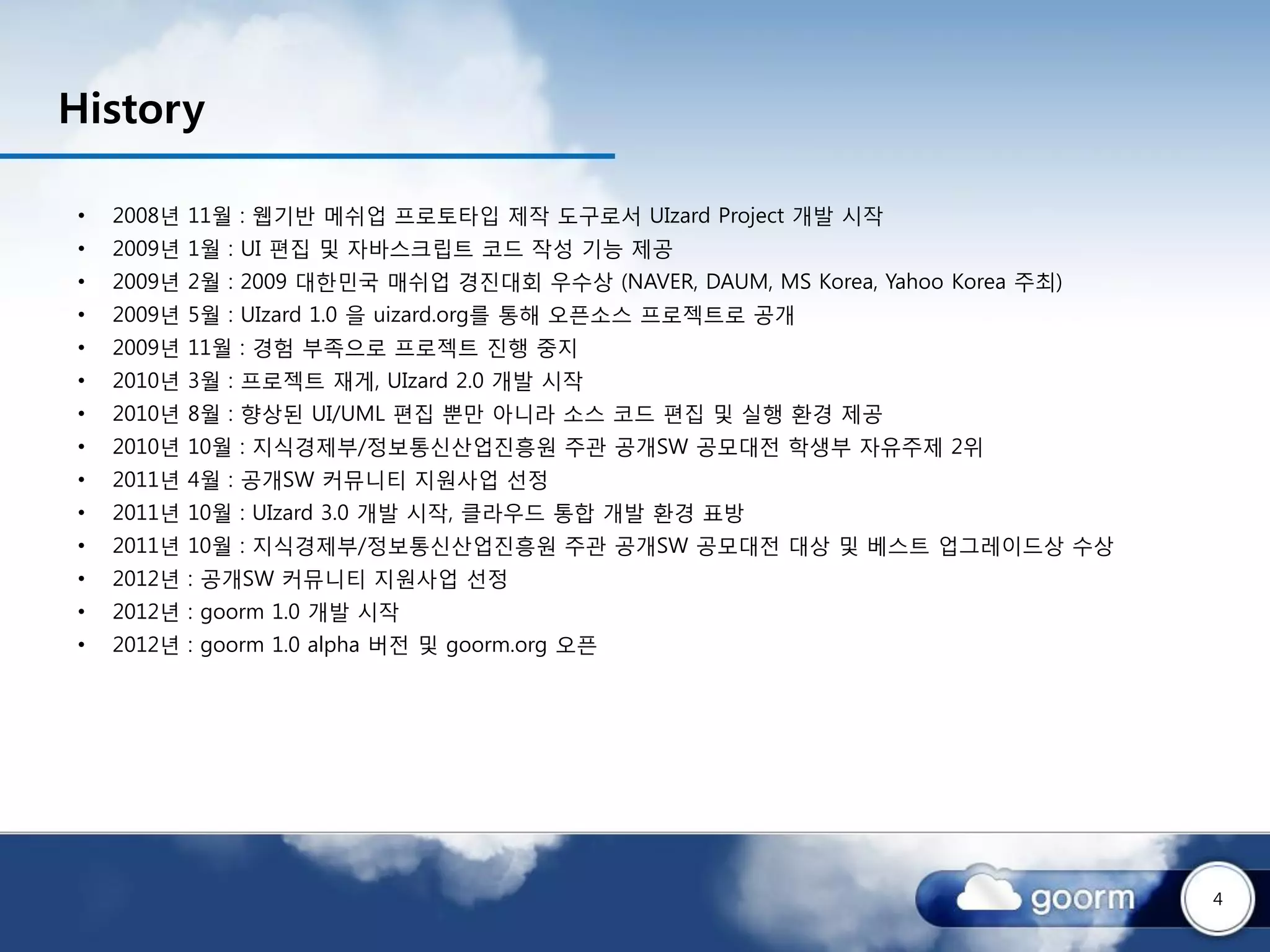 History

•   2008년 11월 : 웹기반 메쉬업 프로토타입 제작 도구로서 UIzard Project 개발 시작
•   2009년 1월 : UI 편집 및 자바스크립트 코드 작성 기능 제공
•   2009년 2월 : 2009 대한민국 매쉬업 경진대회 우수상 (NAVER, DAUM, MS Korea, Yahoo Korea 주최)
•   2009년 5월 : UIzard 1.0 을 uizard.org를 통해 오픈소스 프로젝트로 공개
•   2009년 11월 : 경험 부족으로 프로젝트 진행 중지
•   2010년 3월 : 프로젝트 재게, UIzard 2.0 개발 시작
•   2010년 8월 : 향상된 UI/UML 편집 뿐만 아니라 소스 코드 편집 및 실행 환경 제공
•   2010년 10월 : 지식경제부/정보통신산업진흥원 주관 공개SW 공모대전 학생부 자유주제 2위
•   2011년 4월 : 공개SW 커뮤니티 지원사업 선정
•   2011년 10월 : UIzard 3.0 개발 시작, 클라우드 통합 개발 환경 표방
•   2011년 10월 : 지식경제부/정보통신산업진흥원 주관 공개SW 공모대전 대상 및 베스트 업그레이드상 수상
•   2012년 : 공개SW 커뮤니티 지원사업 선정
•   2012년 : goorm 1.0 개발 시작
•   2012년 : goorm 1.0 alpha 버전 및 goorm.org 오픈




                                                                                4
 
