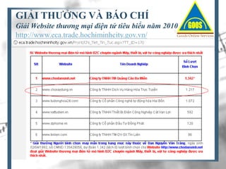 GIẢI THƯỞNG VÀ BÁO CHÍ
Giải Website thương mại điện tử tiêu biểu năm 2010
http://www.eca.trade.hochiminhcity.gov.vn/

 