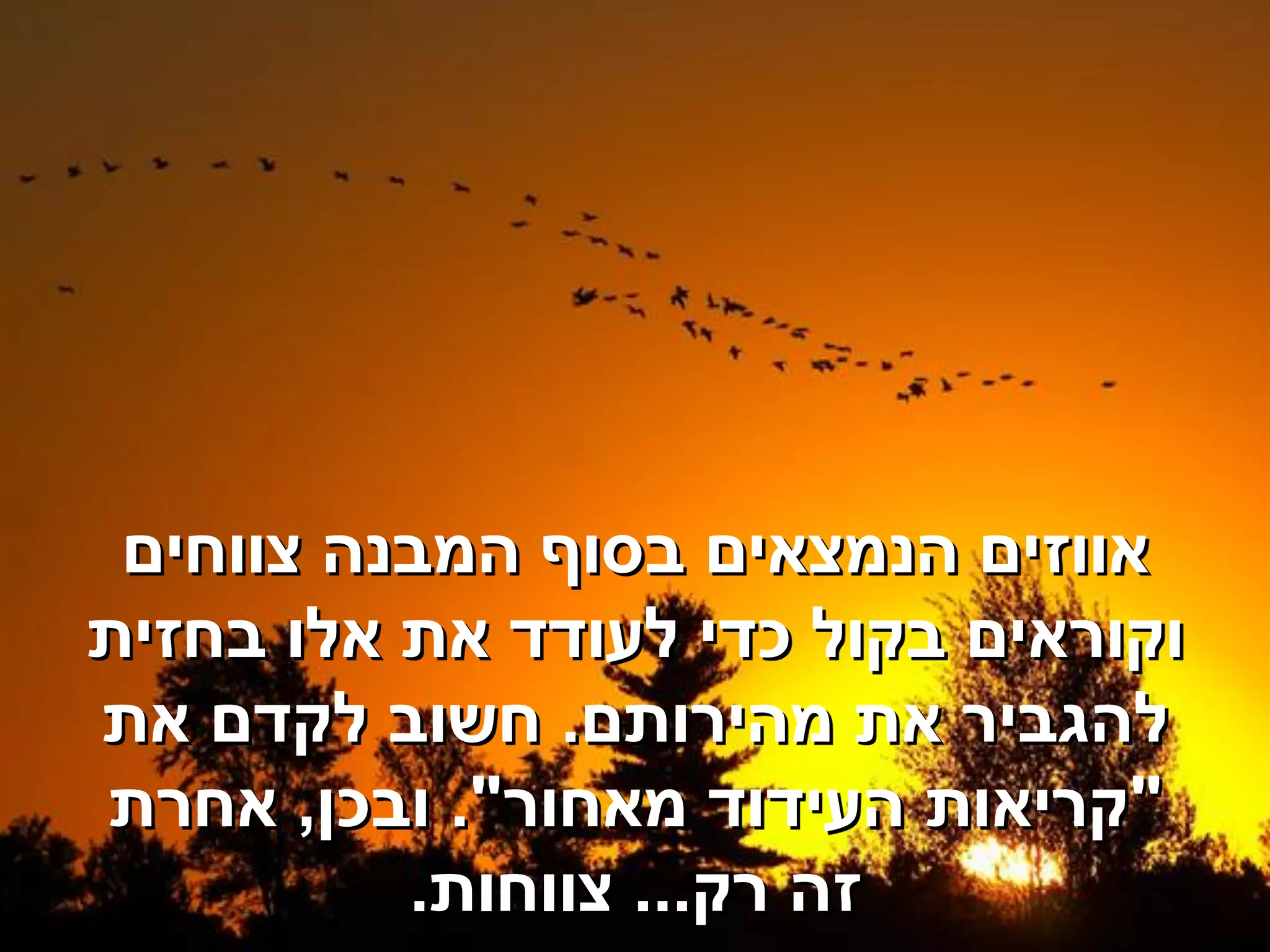 ‫אווזים הנמצאים בסוף המבנה צווחים‬
‫וקוראים בקול כדי לעודד את אלו בחזית‬
‫להגביר את מהירותם. חשוב לקדם את‬
‫"קריאות העידוד מאחור". ובכן, אחרת‬
          ‫זה רק... צווחות.‬
 