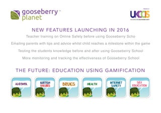 NEW FEATURES LAUNCHING IN 2016
THE FUTURE: EDUCATION USING GAMIFICATION
Teacher training on Online Safety before using Gooseberry Scho
Emailing parents with tips and advice whilst child reaches a milestone within the game
Testing the students knowledge before and after using Gooseberry School
More monitoring and tracking the effectiveness of Gooseberry School
 