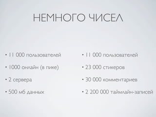 НЕМНОГО ЧИСЕЛ


• 11   000 пользователей   • 11   000 пользователей

• 1000   онлайн (в пике)   • 23   000 стикеров

•2   сервера               • 30   000 комментариев

• 500   мб данных          •2   200 000 таймлайн-записей
 