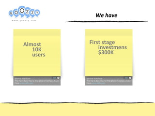 Almost 10K users Пример структуры презентации www.web-ready.ru We have First stage investmens $300K 