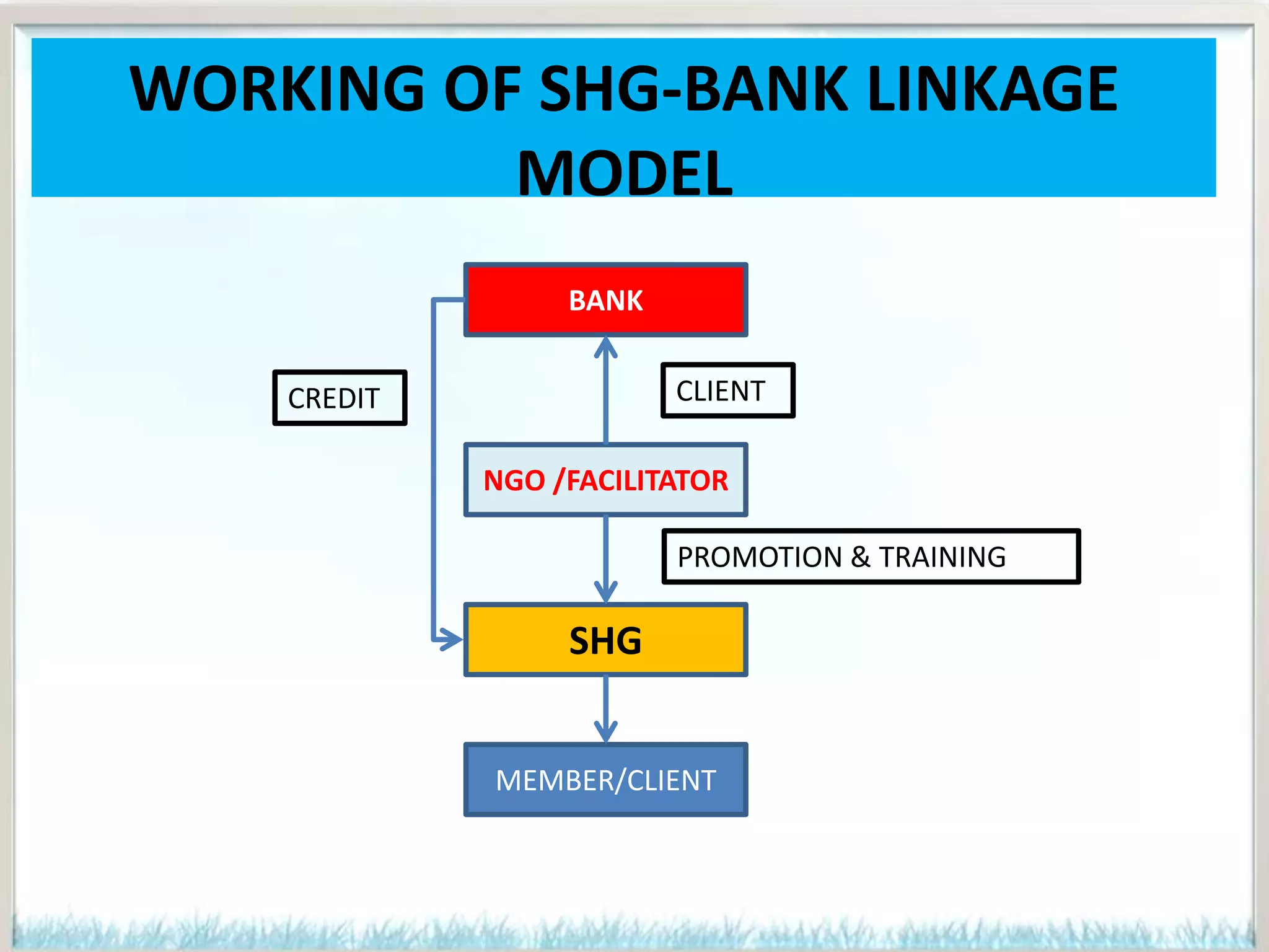 BANK
NGO /FACILITATOR
SHG
CLIENTCREDIT
PROMOTION & TRAINING
MEMBER/CLIENT
WORKING OF SHG-BANK LINKAGE
MODEL
 