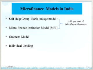 Microfinance Models in India
• Self Help Group- Bank linkage model
• Micro-finance Institution Model (MFI)
• Grameen Model
• Individual Lending
11/05/2013 14
> 97 per cent of
Microfinance business
 