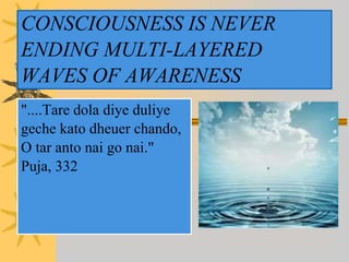 CONSCIOUSNESS IS NEVER
ENDING MULTI-LAYERED
WAVES OF AWARENESS
"....Tare dola diye duliye
geche kato dheuer chando,
O tar anto nai go nai."
Puja, 332
 