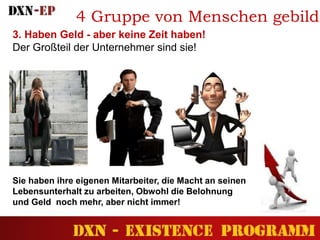 3. Haben Geld - aber keine Zeit haben!
Der Großteil der Unternehmer sind sie!
Sie haben ihre eigenen Mitarbeiter, die Macht an seinen
Lebensunterhalt zu arbeiten, Obwohl die Belohnung
und Geld noch mehr, aber nicht immer!
4 Gruppe von Menschen gebilde
 