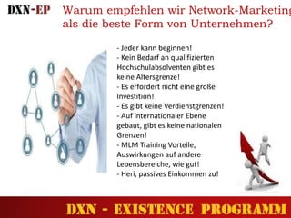 Warum empfehlen wir Network-Marketing
als die beste Form von Unternehmen?
- Jeder kann beginnen!
- Kein Bedarf an qualifizierten
Hochschulabsolventen gibt es
keine Altersgrenze!
- Es erfordert nicht eine große
Investition!
- Es gibt keine Verdienstgrenzen!
- Auf internationaler Ebene
gebaut, gibt es keine nationalen
Grenzen!
- MLM Training Vorteile,
Auswirkungen auf andere
Lebensbereiche, wie gut!
- Heri, passives Einkommen zu!
 