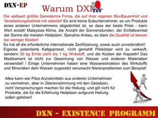 Warum DXN?
Die weltweit größte Ganoderma Firma, die auf ihrer eigenen Bio-Bauernhof und
Verarbeitungsbetrieb mit arbeitet! Es sind keine Subunternehmer, es um Produkte
eines anderen Unternehmens abgedichtet ist, so dass der beste Preis - kann
Wert erzielt! Malaysias Klima, die Anzahl der Sonnenstunden, der Einfallswinkel
der Sonne die meisten Heilpilzen, Spirulina Anbau, so dass die Qualität ist besser
bei weniger Kosten!
Es hat all die erforderliche internationale Zertifizierung, sowie auch unverbindlich!
Eigenes patentierte Kaltgepresst, nicht gemahlt Pilzkörper wird zu verkauft,
sondern 30 kg Ernte zieht bis 1 kg Wirkstoff, und die Kosten der Kapseln! Das
Medikament ist nicht zur Gewinnung von Wasser und anderen Materialien
verwendet! / Einige Unternehmen haben eine Wasserextraktion des Wirkstoffs
und Mineralien dem Wasser zugesetzt verursacht Nierenproblemen zum Beispiel!
Alles kann wie Pilze Arzneimitteln aus anderen Unternehmen
zu vermehren, aber in Übereinstimmung mit den Gesetzen,
nicht Versprechungen machen für die Heilung, und gilt nicht für
Produkte, die für die Erfahrung Heilpilzen aufgrund Heilung
sollen gehören!
 
