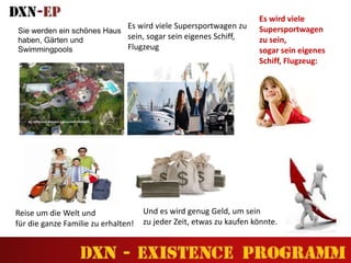 Sie werden ein schönes Haus
haben, Gärten und
Swimmingpools
Es wird viele Supersportwagen zu
sein, sogar sein eigenes Schiff,
Flugzeug
Reise um die Welt und
für die ganze Familie zu erhalten!
Und es wird genug Geld, um sein
zu jeder Zeit, etwas zu kaufen könnte.
Es wird viele
Supersportwagen
zu sein,
sogar sein eigenes
Schiff, Flugzeug:
 