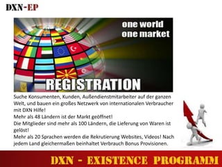 Suche Konsumenten, Kunden, Außendienstmitarbeiter auf der ganzen
Welt, und bauen ein großes Netzwerk von internationalen Verbraucher
mit DXN Hilfe!
Mehr als 48 Ländern ist der Markt geöffnet!
Die Mitglieder sind mehr als 100 Ländern, die Lieferung von Waren ist
gelöst!
Mehr als 20 Sprachen werden die Rekrutierung Websites, Videos! Nach
jedem Land gleichermaßen beinhaltet Verbrauch Bonus Provisionen.
 