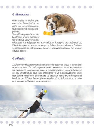 26
Ο ηλικιωµένος
Όταν µπαίνει ο σκύλος µας
στην τρίτη ηλικιακή φάση της
ζωής του τα χονδροπροστα-
τευτικά είναι πια σχεδόν απα-
ραίτητα.
Τα ω-3/ω-6 µπορούν να τον
βοηθήσουν και στο σκελετικό
του σύστηµα µειώνοντας τις
φλεγµονές στις αρθρώσεις και στην καλύτερη λειτουργία του καρδιακού µυ.
Εάν δε διατρέφεται ικανοποιητικά µια πολυβιταµίνη µπορεί να τον βοηθήσει
να ισορροπήσει τα ελλείµµατα σε βιταµίνες και ιχνοστοιχεία και έχει και ορε-
ξιογόνο δράση.
Ο αθλητής
Σκύλοι που αθλούνται εντατικά ή είναι σκύλοι εργασίας έχουν κι αυτοί ιδιαί-
τερες απαιτήσεις. Τα χονδροπροστατευτικά σκευάσµατα για τις καταπονήσεις
του σκελετικού τους συστήµατος και οι πολυβιταµίνες για τις αυξηµένες ανάγ-
κες του µεταβολισµού τους είναι απαραίτητα για να διατηρούνται στην καλύ-
τερη δυνατή κατάσταση. Σκευάσµατα µε καρνιτίνη και ω-3/ω-6 λιπαρά οξέα
βοηθούν στη βέλτιστη λειτουργία του καρδιακού µυ βελτιώνοντας τις επιδό-
σεις τους και αυξάνοντας την αντοχή τους.
 