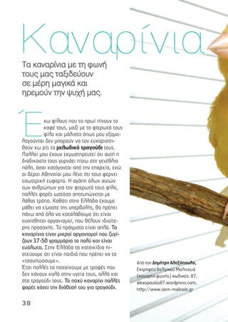 ΤΤαα κκααννααρρίίννιιαα µµεε ττηη φφωωννήή
ττοουυςς µµααςς ττααξξιιδδεεύύοουυνν
σσεε µµέέρρηη µµααγγιικκάά κκααιι
ηηρρεεµµοούύνν ττηηνν ψψυυχχήή µµααςς..
χω φίλους που το πρωί πίνουν το
καφέ τους, µαζί µε το φτερωτό τους
φίλο και µάλιστα όπως µου εξοµο-
λογούνται δεν µπορούν να τον ευχαριστη-
θούν χω ρίς το µελωδικό τραγούδι τους.
Πολλοί µου έχουν εκµυστηρευτεί ότι αυτή η
διαδικασία τους γυρνάει πίσω στη γενέθλια
πόλη, όσοι κατάγονται από την επαρχία, ενώ
οι βέροι Αθηναίοι µου λένε ότι τους φέρνει
εσωτερική ευφορία. Η αγάπη όλων αυτών
των ανθρώπων για τον φτερωτό τους φίλο,
πολλές φορές ωστόσο αποτυπώνεται µε
λάθος τρόπο. Καθότι στην Ελλάδα έχουµε
µάθει να είµαστε της υπερβολής, θα πρέπει
πάνω από όλα να καταλάβουµε ότι είναι
ευαίσθητοι οργανισµοί, που θέλουν ιδιαίτε-
ρης προσοχής. Τα πράγµατα είναι απλά. Τα
καναρίνια είναι µικροί οργανισµοί που ζυγί-
ζουν 17-50 γραµµάρια το πολύ και είναι
ευάλωτα. Στην Ελλάδα τα κατοικίδια πι-
στεύουµε ότι είναι παιδιά που πρέπει να τα
«τσουπώσουµε».
Έτσι πολλές τα παχαίνουµε µε τροφές που
δεν κάνουν καλό στην υγεία τους, αλλά και
στο τραγούδι τους. Το παχύ καναρίνι πολλές
φορές χάνει την διάθεσή του για τραγούδι.
Έ
Kαναρίνια
38
Από τον ∆ηµήτρη Αλεξόπουλο,
Εκτροφέα Βελγικού Μαλινουά
(καναρίνι φωνής) κωδικός: 87,
alexopoulos87.wordpress.com,
http://www.oem-malinois.gr
 