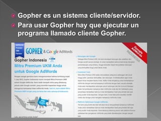  Gopher es un sistema cliente/servidor.
 Para usar Gopher hay que ejecutar un
  programa llamado cliente Gopher.
 