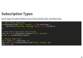 Async Subscribers
Subscribe takes a subject and callback and then dispatches each of the
messages to the callback, process...
