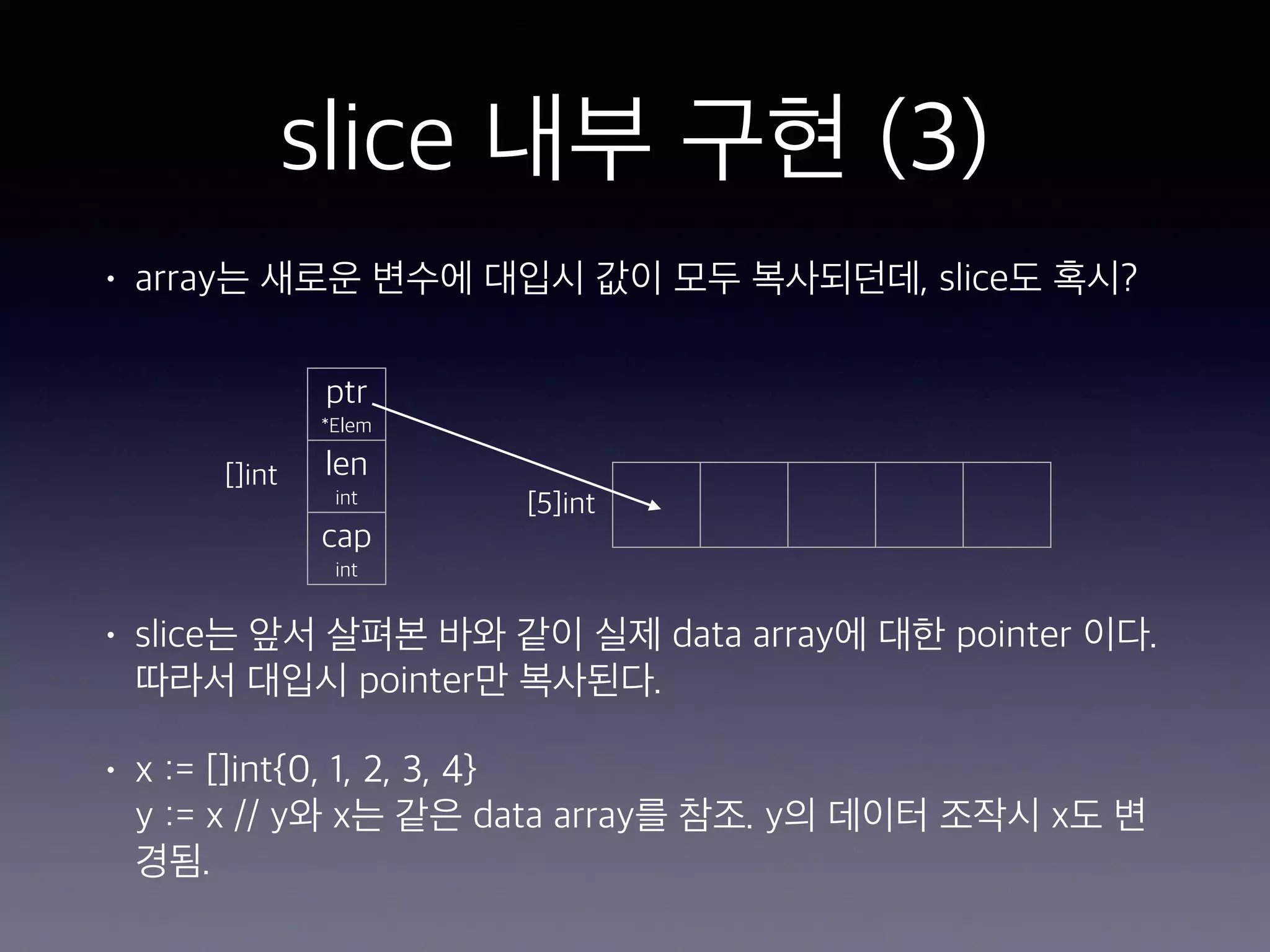 slice 내부 구현 (3) • array는 새로운 변수에 대입시 값이 모두 복사되던데, slice도 혹시? • slice는 앞서 살펴본 바와 같이 실제 data array에 대한 pointer 이다. 따라서 대입시 pointer만 복사된다. • x := []int{0, 1, 2, 3, 4}  y := x // y와 x는 같은 data array를 참조. y의 데이터 조작시 x도 변 경됨. ptr  *Elem len  int cap  int []int [5]int 