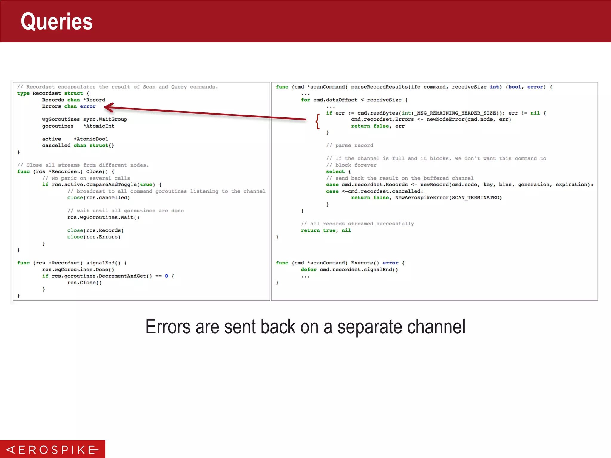 Queries
{
Errors are sent back on a separate channel
 