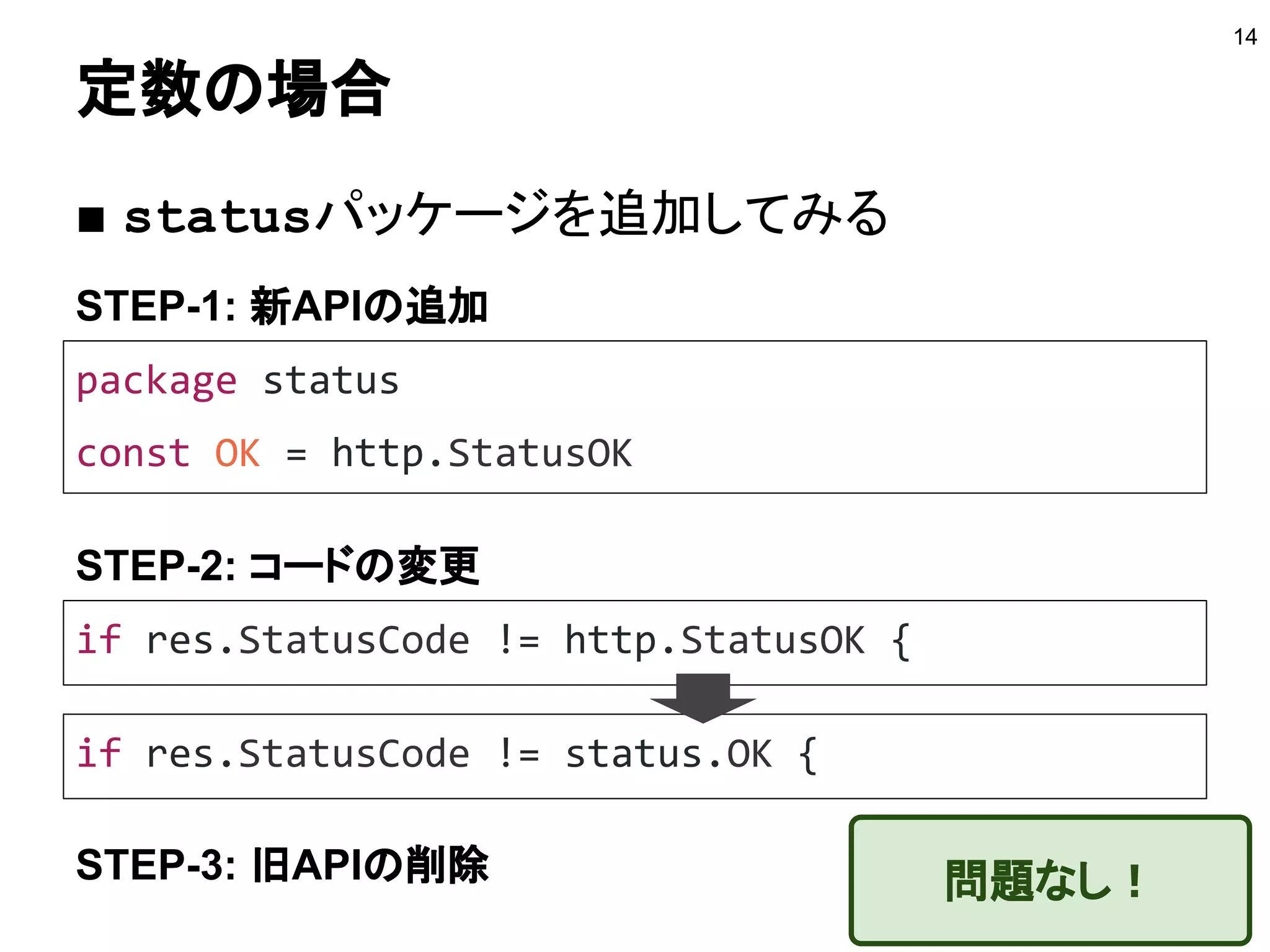 定数の場合
14
package status
const OK = http.StatusOK
STEP-1: 新APIの追加
■ statusパッケージを追加してみる
if res.StatusCode != http.StatusOK {
STEP-2: コードの変更
if res.StatusCode != status.OK {
STEP-3: 旧APIの削除 問題なし！
 