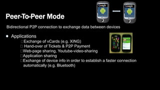 Peer-To-Peer Mode
Bidirectional P2P connection to exchange data between devices
Applications
Exchange of vCards (e.g. XING)
Hand-over of Tickets & P2P Payment
Web-page sharing, Youtube-video-sharing
Application sharing
Exchange of device info in order to establish a faster connection
automatically (e.g. Bluetooth)
 