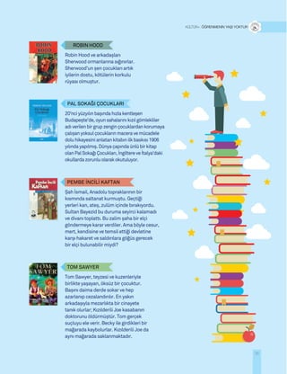35
20’nciyüzyılınbaşındahızlakentleşen
Budapeşte’de,oyunsahalarınıkızılgömlekliler
adıverilenbirgrupzenginçocuklardankorumaya
çalışanyoksulçocuklarınmaceravemücadele
doluhikayesinianlatankitabınilkbaskısı1906
yılındayapılmış.Dünyaçapındaünlübirkitap
olanPalSokağıÇocukları,İngiltereveİtalya’daki
okullardazorunluolarakokutuluyor.
PAL SOKAĞI ÇOCUKLARI
Robin Hood ve arkadaşları
Sherwood ormanlarına sığınırlar.
Sherwood’un şen çocukları artık
iyilerin dostu, kötülerin korkulu
rüyası olmuştur.
ROBIN HOOD
Şah İsmail, Anadolu topraklarının bir
kısmında saltanat kurmuştu. Geçtiği
yerleri kan, ateş, zulüm içinde bırakıyordu.
Sultan Bayezid bu duruma seyirci kalamadı
ve divanı toplattı. Bu zalim şaha bir elçi
göndermeye karar verdiler. Ama böyle cesur,
mert, kendisine ve temsil ettiği devletine
karşı hakaret ve saldırılara göğüs gerecek
bir elçi bulunabilir miydi?
PEMBE İNCİLİ KAFTAN
Tom Sawyer, teyzesi ve kuzenleriyle
birlikte yaşayan, öksüz bir çocuktur.
Başını daima derde sokar ve hep
azarlanıp cezalandırılır. En yakın
arkadaşıyla mezarlıkta bir cinayete
tanık olurlar; Kızılderili Joe kasabanın
doktorunu öldürmüştür. Tom gerçek
suçluyu ele verir. Becky ile girdikleri bir
mağarada kaybolurlar. Kızılderili Joe da
aynı mağarada saklanmaktadır.
TOM SAWYER
T R+ ÖĞRENMENİN YAŞI YOKTUR
 