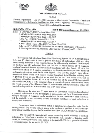 Use of TR5 receipts in Kerala government offices instructions Go(p)no172 2019-fin dated19-12-2019-99 uploaded by James Adhikaram, Kottayam