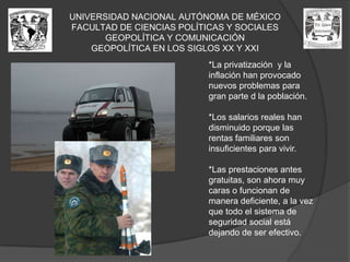 Los problemas con estas  dos naciones emanan  de rasgos Político-militares, estableciendo supremacía y Represión sobre estos (Irak y Afganistán).UNIVERSIDAD NACIONAL AUTÓNOMA DE MÉXICOFACULTAD DE CIENCIAS POLÍTICAS Y SOCIALESGEOPOLÍTICA Y COMUNICACIÓNGEOPOLÍTICA EN LOS SIGLOS XX Y XXIIrán: Es  un país dominado, y derrocado en el pasado, por dos grandes imperios Inglaterra y E.U.A., que querían controlar los recursos energéticos manejados por Irán, dicho país es visto en la actualidad como una amenaza a la estructura económica de E.U, puesto que Irán ha desplegado  la inversión en el extranjero, la dominación de sus recursos, sistemas defensivos y de investigación nuclear  en modo de autodefensa.