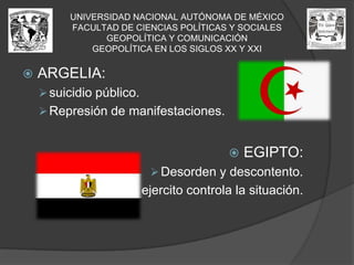 Tras estos ataques EU toma represalias contra la ciudad Afgana, le declara la guerra e invade el territorio.UNIVERSIDAD NACIONAL AUTÓNOMA DE MÉXICOFACULTAD DE CIENCIAS POLÍTICAS Y SOCIALESGEOPOLÍTICA Y COMUNICACIÓNGEOPOLÍTICA EN LOS SIGLOS XX Y XXIAfganistán es uno de los países más pobres del mundo, su población subsiste en unas condiciones críticas (hambruna, sequia), sufren a menudo guerras y la población emigra extremadamente y los que no logran hacerlo habitan  en refugios o campamentos de Pakistán. *Estados Unidos  ataca sin ningún motivo coherente a Afganistán con la excusa de buscar a Osama BinLaden, que se encuentra presuntamente escondido en el país.*Con esto ha podido probar armamento en dicho territorio, además de demostrar  al resto del mundo su supremacía (política, militar y económica). 