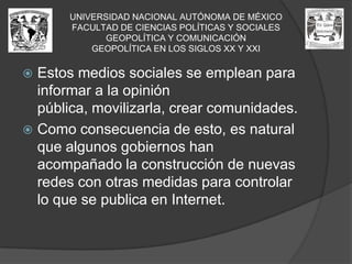 UNIVERSIDAD NACIONAL AUTÓNOMA DE MÉXICOFACULTAD DE CIENCIAS POLÍTICAS Y SOCIALESGEOPOLÍTICA Y COMUNICACIÓNGEOPOLÍTICA EN LOS SIGLOS XX Y XXIDesde su toma de posesión, el primero de diciembre de 2006, el presidente anunció una “reforma al sistema de justicia para frenar la guerra por el control de las rutas de narcotráfico, que ha dejado alrededor de 8.000 muertos en los últimos seis años.”
