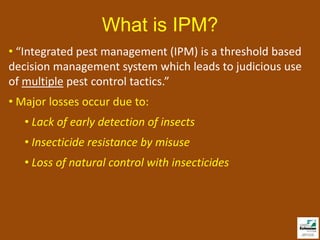 What is IPM?
• “Integrated pest management (IPM) is a threshold based
decision management system which leads to judicious use
of multiple pest control tactics.”
• Major losses occur due to:
   • Lack of early detection of insects
   • Insecticide resistance by misuse
   • Loss of natural control with insecticides
 