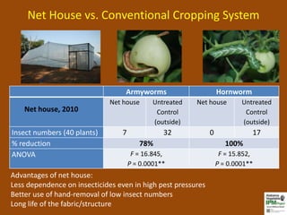 Net House vs. Conventional Cropping System




                                  Armyworms                       Hornworm
                              Net house      Untreated   Net house        Untreated
    Net house, 2010                           Control                      Control
                                             (outside)                    (outside)
Insect numbers (40 plants)       7              32            0              17
% reduction                             78%                          100%
ANOVA                                 F = 16.845,                  F = 15.852,
                                     P = 0.0001**                 P = 0.0001**
Advantages of net house:
Less dependence on insecticides even in high pest pressures
Better use of hand-removal of low insect numbers
Long life of the fabric/structure
 