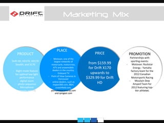 Marketing Mix
	
  
PRODUCT	
  
	
  
Dri	
  HD,	
  HD170,	
  HD170	
  
Stealth,	
  and	
  X170	
  
	
  
-­‐  Night	
  mode	
  feature	
  
for	
  opVmal	
  low	
  light	
  
performance	
  
-­‐  digital	
  zoom	
  
-­‐  photo	
  sequence	
  
-­‐  Microphone	
  
-­‐  remote	
  pairing	
  
	
  
	
  
PLACE	
  
	
  
-­‐  Motovan,	
  one	
  of	
  the	
  
largest	
  networks	
  of	
  
motorcycle,	
  motorcross,	
  
ATV	
  and	
  snowmobile	
  
dealers	
  in	
  the	
  country.	
  
-­‐  Onboard	
  TV	
  
-­‐  Point	
  of	
  View	
  Cameras	
  in	
  
Vancouver	
  
-­‐  online	
  dealers,	
  such	
  as	
  
mypov360.com,	
  B&H,	
  
crutchﬁeld.com,	
  
pointofviewcameras.com	
  
and	
  rpmgear.com	
  
	
  
	
  
PRICE	
  
	
  
from	
  $159.99	
  
for	
  Dri	
  X170	
  
upwards	
  to	
  
$329.99	
  for	
  Dri	
  
HD	
  
	
  
	
  
	
  
PROMOTION	
  
Partnerships	
  with	
  
sporVng	
  events:	
  
-­‐  Motovan:	
  Rockstar	
  
Energy	
  -­‐	
  Yamaha	
  
factory	
  team	
  for	
  the	
  
2012	
  Canadian	
  
Motorsports	
  Racing	
  
-­‐  Moutain	
  Dew	
  
Amped	
  Team	
  for	
  
2012	
  featuring	
  top-­‐
Ver	
  athletes.	
  
 