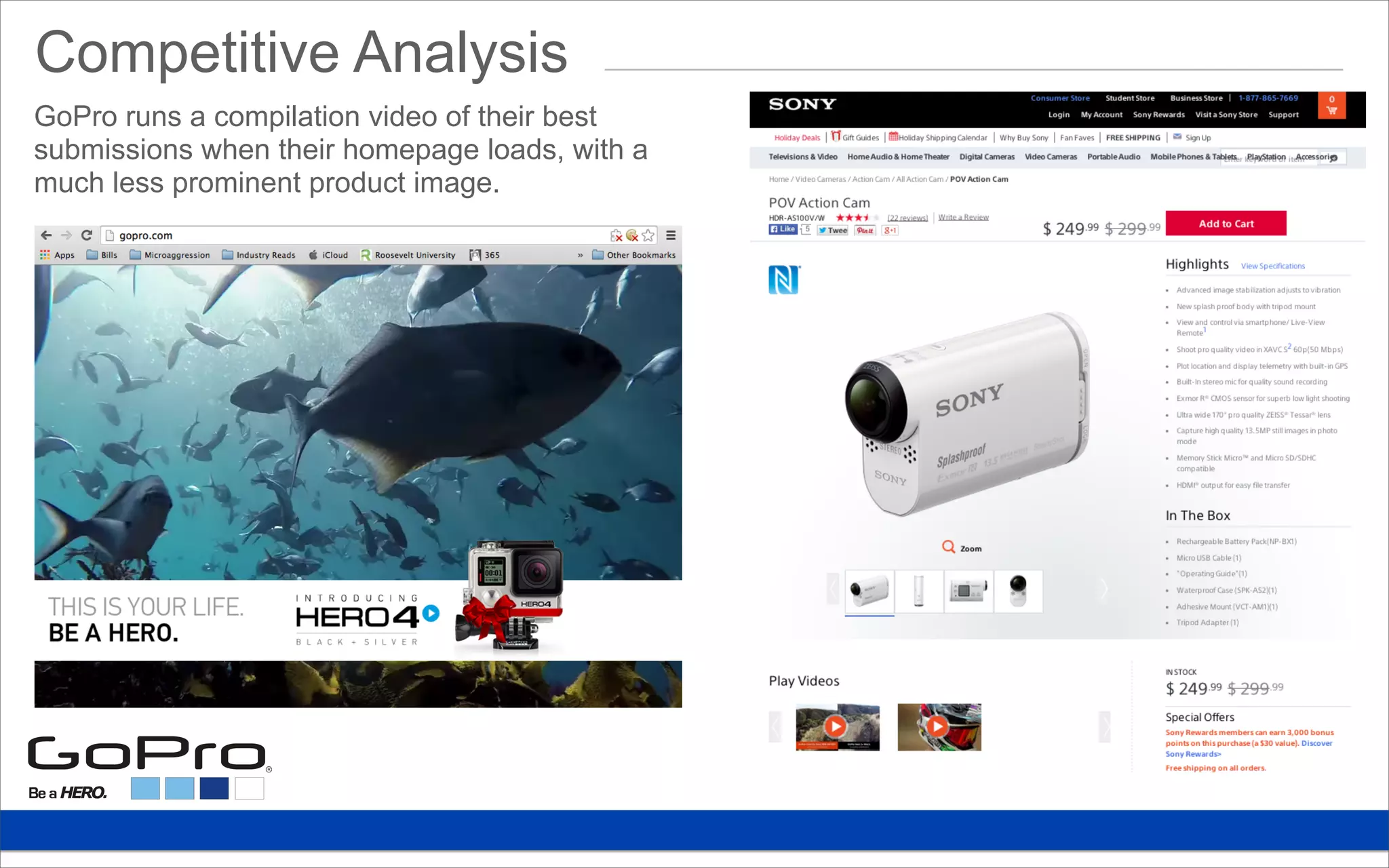 Competitive Analysis
GoPro runs a compilation video of their best
submissions when their homepage loads, with a
much less prominent product image.
 