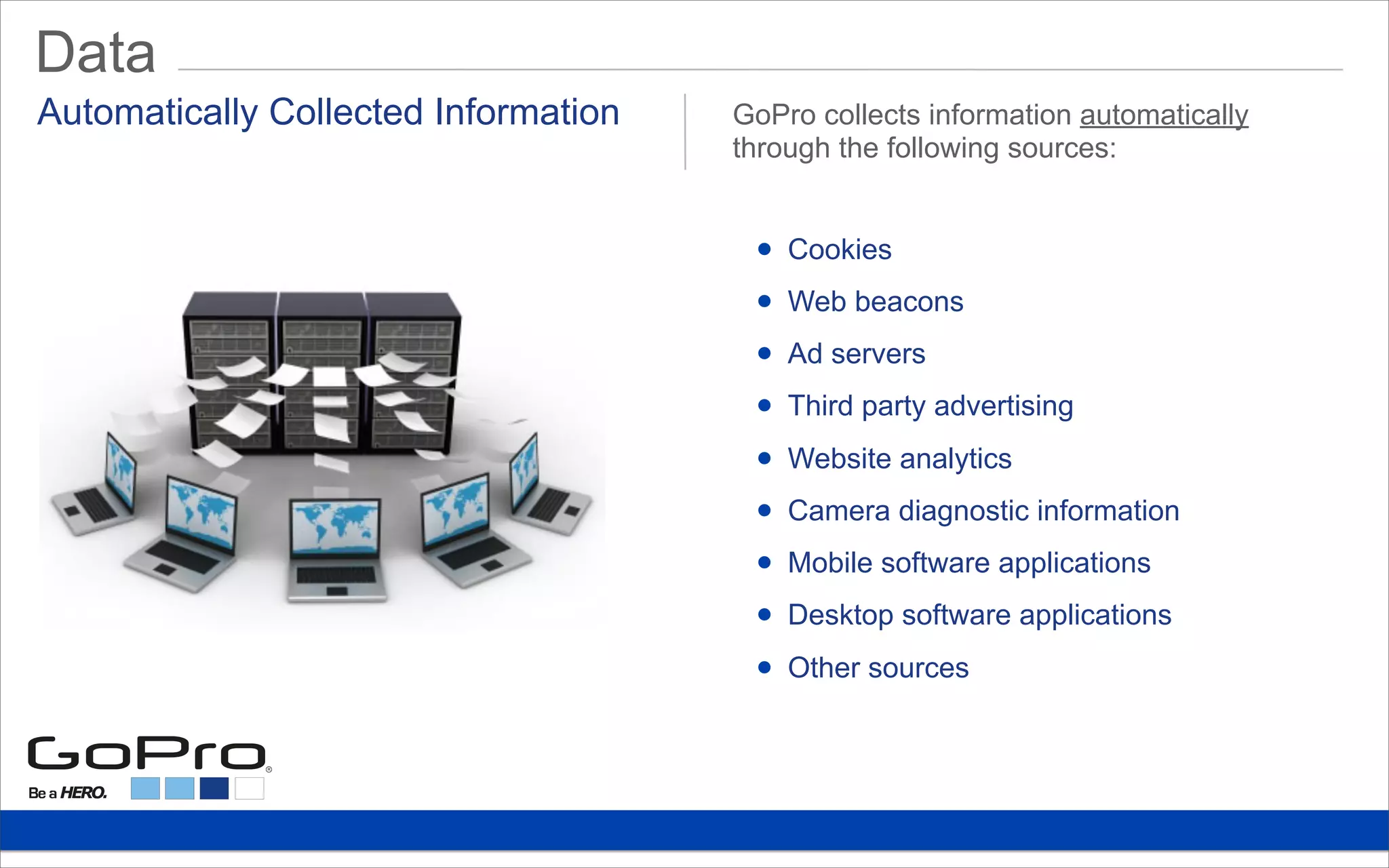 Data
• Cookies
• Web beacons
• Ad servers
• Third party advertising
• Website analytics
• Camera diagnostic information
• Mobile software applications
• Desktop software applications
• Other sources
Automatically Collected Information GoPro collects information automatically
through the following sources:
 