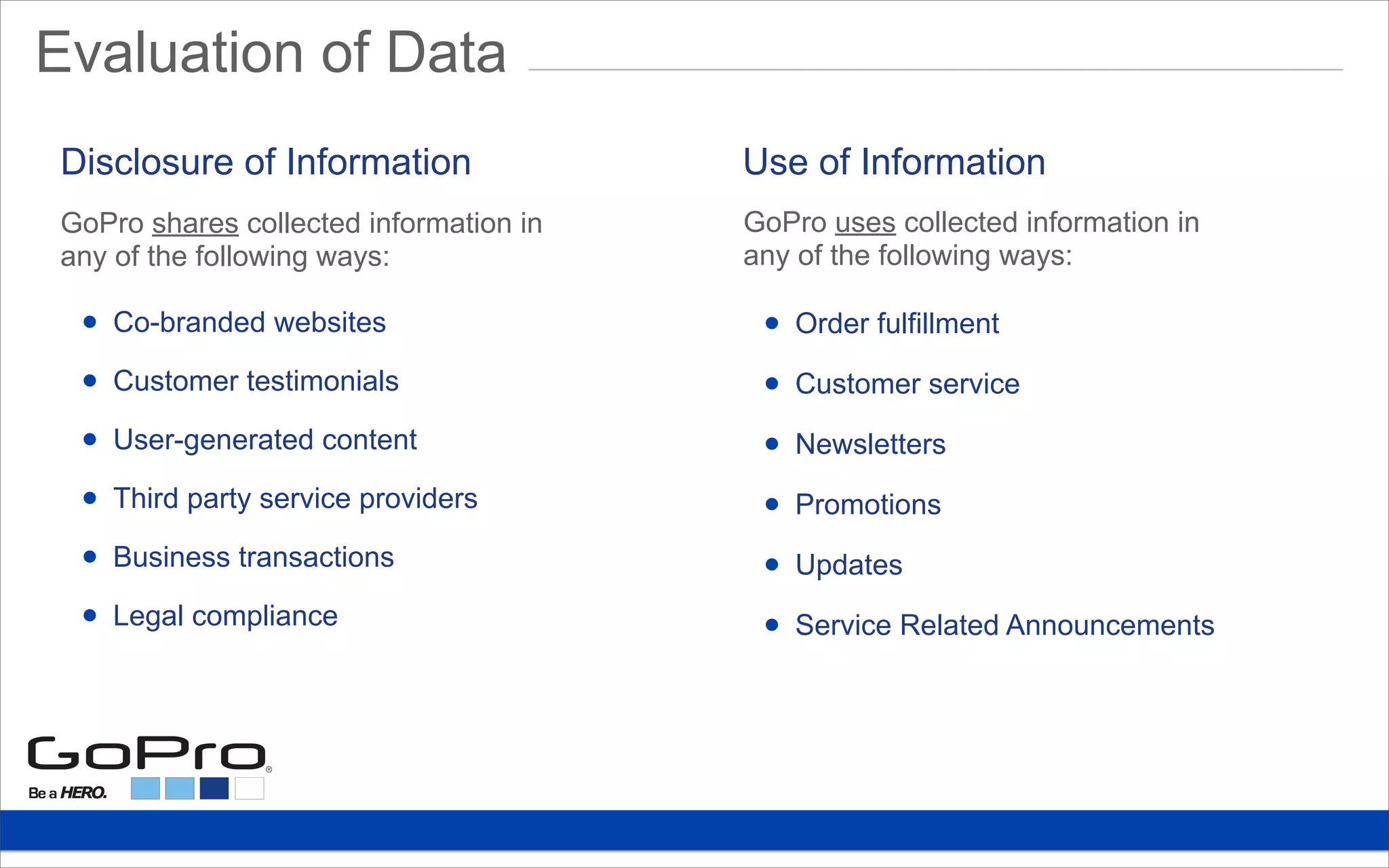 Evaluation of Data
• Co-branded websites
• Customer testimonials
• User-generated content
• Third party service providers
• Business transactions
• Legal compliance
GoPro shares collected information in
any of the following ways:
Disclosure of Information
• Order fulfillment
• Customer service
• Newsletters
• Promotions
• Updates
• Service Related Announcements
GoPro uses collected information in
any of the following ways:
Use of Information
 