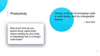 GUIDINGPRINCIPLES
Productivity
How much time do you
spend doing useful work
versus waiting for your tools,
or hopelessly lost in a foreign
code-base?
11
X
Design is the art of arranging code
to work today, and be changeable
forever.
— Sandi Metz
 