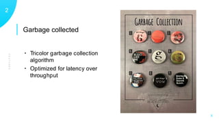 Garbage collected
FEATURES
12
X
• Tricolor garbage collection
algorithm
• Optimized for latency over
throughput
 