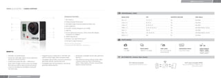 HERO3: BLACK EDITION                  6




    HERO3: BLACK EDITION / CAMERA OVERVIEW


                                                                                                                                                                         PROFESSIONAL VIDEO

                                                                                                  ENHANCED FEATURES:                                                     RESOLUTION                                      FPS                                             SUPPORTS PROTUNE                        VIEW ANGLE
            1                                                                   9
                                                                                                  1. Wi-Fi Built-In                                                      4Kp (16:9)                                      15, 12.5, 12                                    Yes                                     Ultra Wide
                                                                                                  2. Enhanced Audio Performance                                          2.7Kp (16:9)                                    30, 25, 24                                      Yes                                     Ultra Wide
           10                                                                                     3. Ultra Wide Angle 6-Element Aspherical Glass Lens
                                                                                                                                                                         1440p (4:3)                                     48, 30, 25, 24                                  Yes                                     Ultra Wide
                                                                                                  4. Micro HDMI Port
            8                                                                                                                                                            1080p (16:9)                                    60, 50, 48, 30, 25, 24                          Yes                                     Ultra Wide, Medium, Narrow
                                                                                4                 5. microSD™ Card Slot (Supports up to 64GB)
            2                                                                                     6. USB Port                                                            960p (4:3)                                      100, 48                                         Yes                                     Ultra Wide
                                                                                5                 7. Port for Optional Accessories: 3.5mm Stereo Mic Adapter,            720p (16:9)                                     120, 100, 60, 50                                Yes                                     Ultra Wide, Medium, Narrow
                                                                                6                    Composite A/V Adapter*
                                                                                                                                                                         WVGA (16:9)                                     240                                             No                                      Ultra Wide
                                                                                7
                                                                                                  8. 12MP Image Sensor
            3                                                                                     9. 2X Better Low Light Performance**
                                                                                                                                                                         PHOTO MODES
                                                                                                  10. 2X Faster Image Processor**
                                                                                                  *Optional accessories sold separately.
                                                                                                  **Compared to HD HERO2, HERO3 Silver + White Editions.


                                                                                                                                                                             PHOTO                           PHOTO BURST                          TIME LAPSE                        CONTINUOUS PHOTO                      SIMULTANEOUS
                                                                                                                                                                             12, 7, 5MP                      12MP @ 3, 5, 10, 30 fps              0.5, 1, 2, 5, 10, 30, 60          3/sec, 5/sec, 10/sec                  PHOTO + VIDEO
    BENEFITS                                                                                                                                                                                                                                      second intervals                                                        1080p24/1080p30/
                                                                                                                                                                                                                                                                                                                          720p60/1440p24
    • Wearable, mountable design                           • Rugged housing is waterproof to 197 /60m and             • Backwards compatible with all older generation
    • Immersive, wide angle capture of your experience       captures sharp images above and below water.               BacPacs™                                         WI-FI BUILT IN - Connect. View. Control.
      during your favorite activities.                     • Compatible with all GoPro mounts for attaching to        • New advanced camera settings include: Video
    • Professional-quality HD video + 12MP photos            gear, body, helmets, vehicles and more.                    Looping, Continuous Photo, Simultaneous
                                                           • Compatible with LCD Touch BacPac™ and second               Photo + Video Capture, Protune, manual White                    Wi-Fi Remote (Included)                                                                              GoPro App Compatible (FREE)
    • Built-in Wi-Fi enables remote control via included
                                                                                                                        Balance controls and more.                                      Control up to 50 cameras at a time.                                                              Use your smartphone or tablet as a live
      Wi-Fi Remote and live video preview and remote         generation Battery BacPac™
                                                                                                                                                                                                                                                                                                         video remote control.
      control on smartphones and tablets running the
      free GoPro App.




5                    HERO3: BLACK EDITION
 