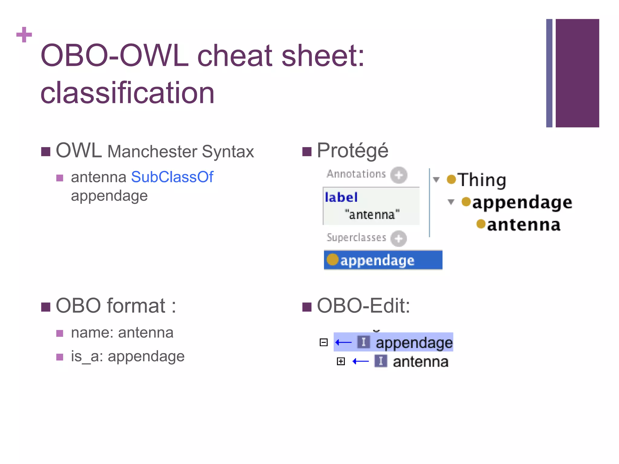 +
    OBO-OWL cheat sheet:
    classification
     OWL Manchester Syntax    Protégé
        antenna SubClassOf
         appendage




     OBO    format :          OBO-Edit:
        name: antenna
        is_a: appendage
 