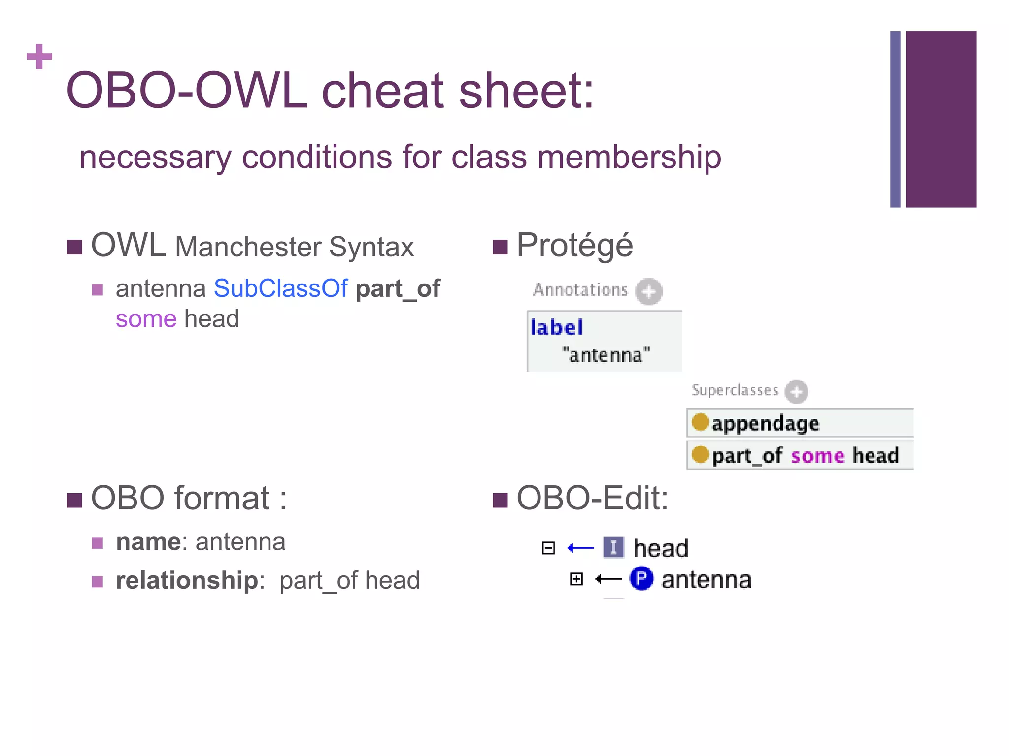 +
    OBO-OWL cheat sheet:
    necessary conditions for class membership

     OWL Manchester Syntax            Protégé
        antenna SubClassOf part_of
         some head




     OBO    format :                  OBO-Edit:
        name: antenna
        relationship: part_of head
 