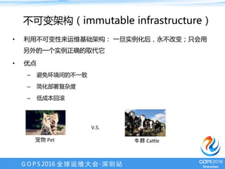 G O P S 2016 全 球 运 维 大 会 · 深 圳 站
不可变架构（immutable infrastructure）
•  利用不可变性来运维基础架构： 一旦实例化后，永不改变；只会用
另外的一个实例正确的取代它
•  优点
–  避免环境间的不一致
–  简化部署复杂度
–  低成本回滚
V.S.	
	Pet	 牛群	CaZle	
 