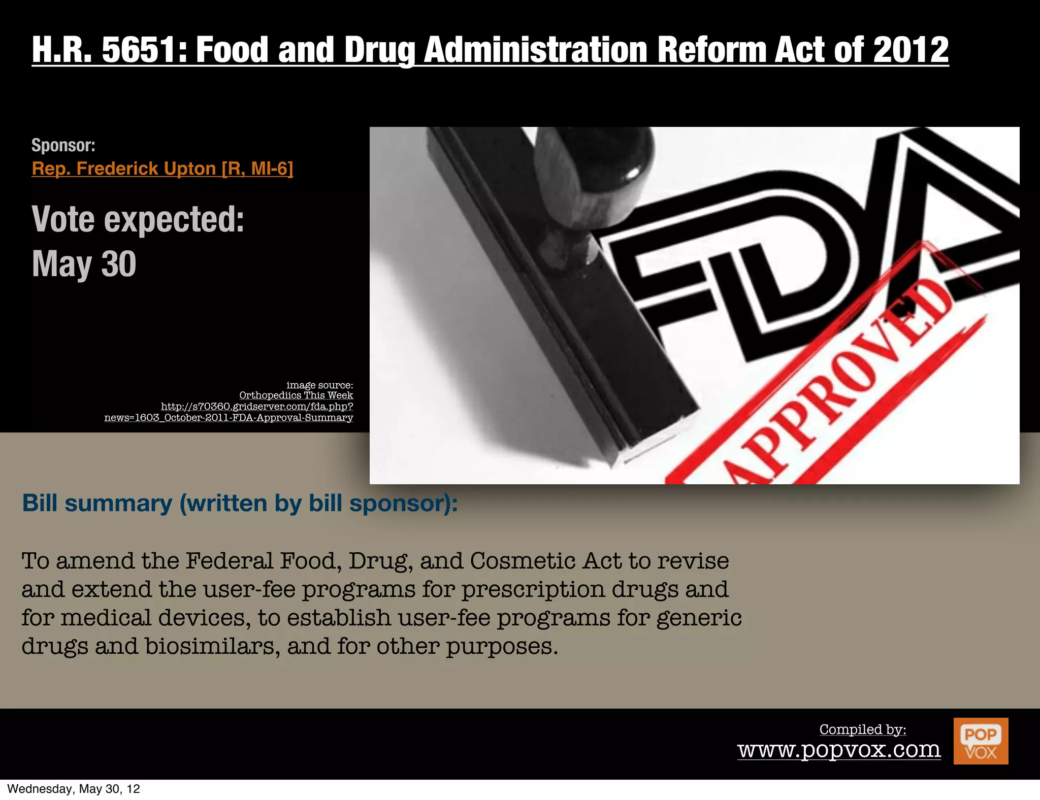 H.R. 5651: Food and Drug Administration Reform Act of 2012

Sponsor:
Rep. Frederick Upton [R, MI-6]


Vote expected:
May 30


                                          image source:
                                Orthopediics This Week
                 http://s70360.gridserver.com/fda.php?
        news=1603_October-2011-FDA-Approval-Summary




Bill summary (written by bill sponsor):

To amend the Federal Food, Drug, and Cosmetic Act to revise
and extend the user-fee programs for prescription drugs and
for medical devices, to establish user-fee programs for generic
drugs and biosimilars...


                                                                      Compiled by:
                                                              www.popvox.com
 