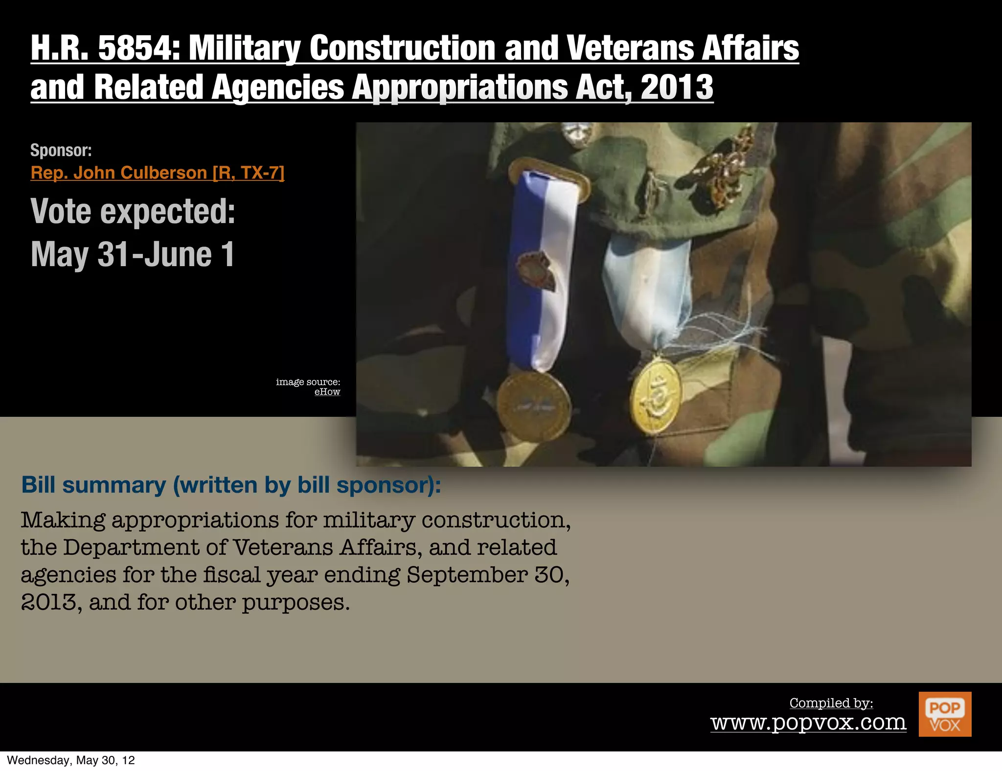 H.R. 5854: Military Construction and Veterans Affairs and Related
Agencies Appropriations Act, 2013

Sponsor
Rep. John Culberson [R, TX-7]

Vote expected:
May 31-June 1


                               image source:
                       Elder Options of Texas




Bill summary (written by bill sponsor):
Making appropriations for military construction,
the Department of Veterans Affairs, and related
agencies for the ﬁscal year ending September 30,
2013.



                                                              Compiled by:
                                                        www.popvox.com
 