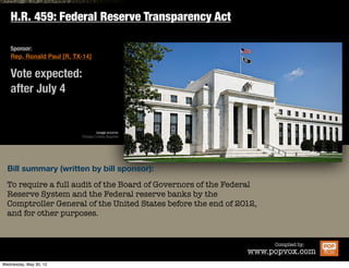 H.R. 4078: Regulatory Freeze for Jobs Act of 2012

Sponsor:
Rep. Tim Grifﬁn [R, AR-2]


Vote expected:
after July 4


                                image source:
                        Orange County Register




Bill summary (written by bill sponsor):

To provide that no agency may take any signiﬁcant regulatory
action until the unemployment rate is equal to or less than 6.0
percent



                                                                      Compiled by:
                                                              www.popvox.com
 