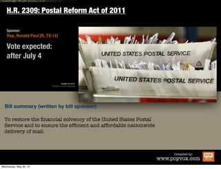 H.R. 4607: The Midnight Rule Relief Act

Sponsor:
Rep. Reid Ribble [R, WI-8]


Vote expected:
after July 4


                                image source:
                        Orange County Register




Bill summary (written by bill sponsor):

To ensure economy and efﬁciency of Federal Government
operations by establishing a moratorium on midnight rules
during a President’s ﬁnal days in ofﬁce...



                                                                    Compiled by:
                                                            www.popvox.com
 
