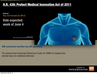 H.R. 436: Protect Medical Innovation Act of 2011

Sponsor:
Rep. Erik Paulsen [R, MN-3]


Vote expected:
week of June 4


                                        image source:
            http://www.wix.com/quinlanlifesciences/qls




Bill summary (written by bill sponsor):


To amend the Internal Revenue Code of 1986 to repeal the
excise tax on medical devices.



                                                                   Compiled by:
                                                           www.popvox.com
 